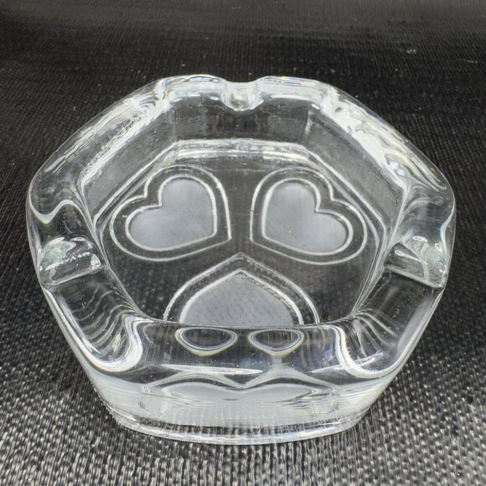 Vintage Scandinavian Clear Glass Dish Bowl Ashtray With Frosted Satin Hearts VTG